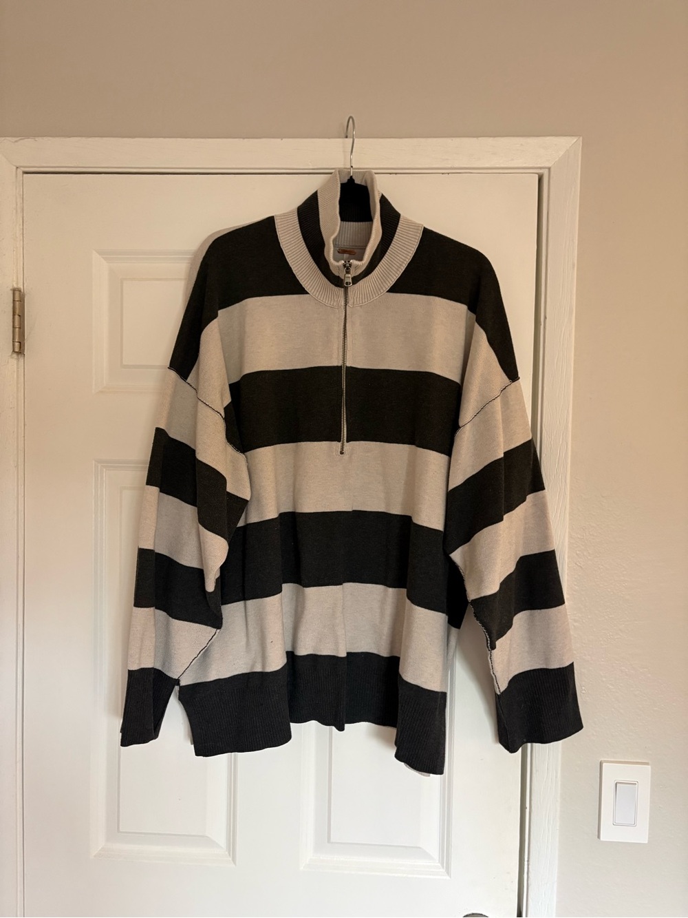 Free People Black and Cream Striped Half-Zip Pullover